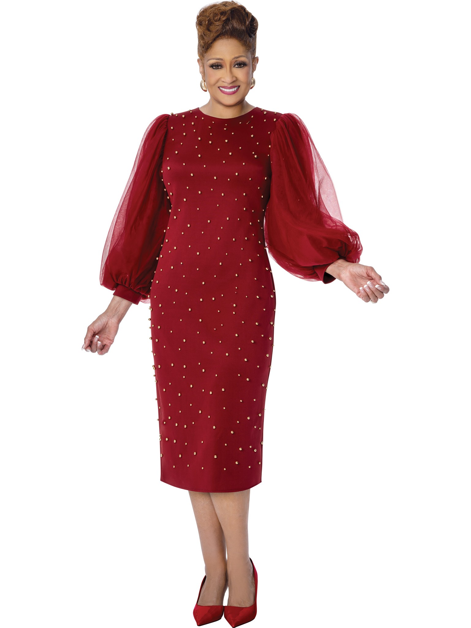 Burgundy Gold Embellished Church Dress with Sheer Bishop Sleeves & Fitted Silhouette thumbnail