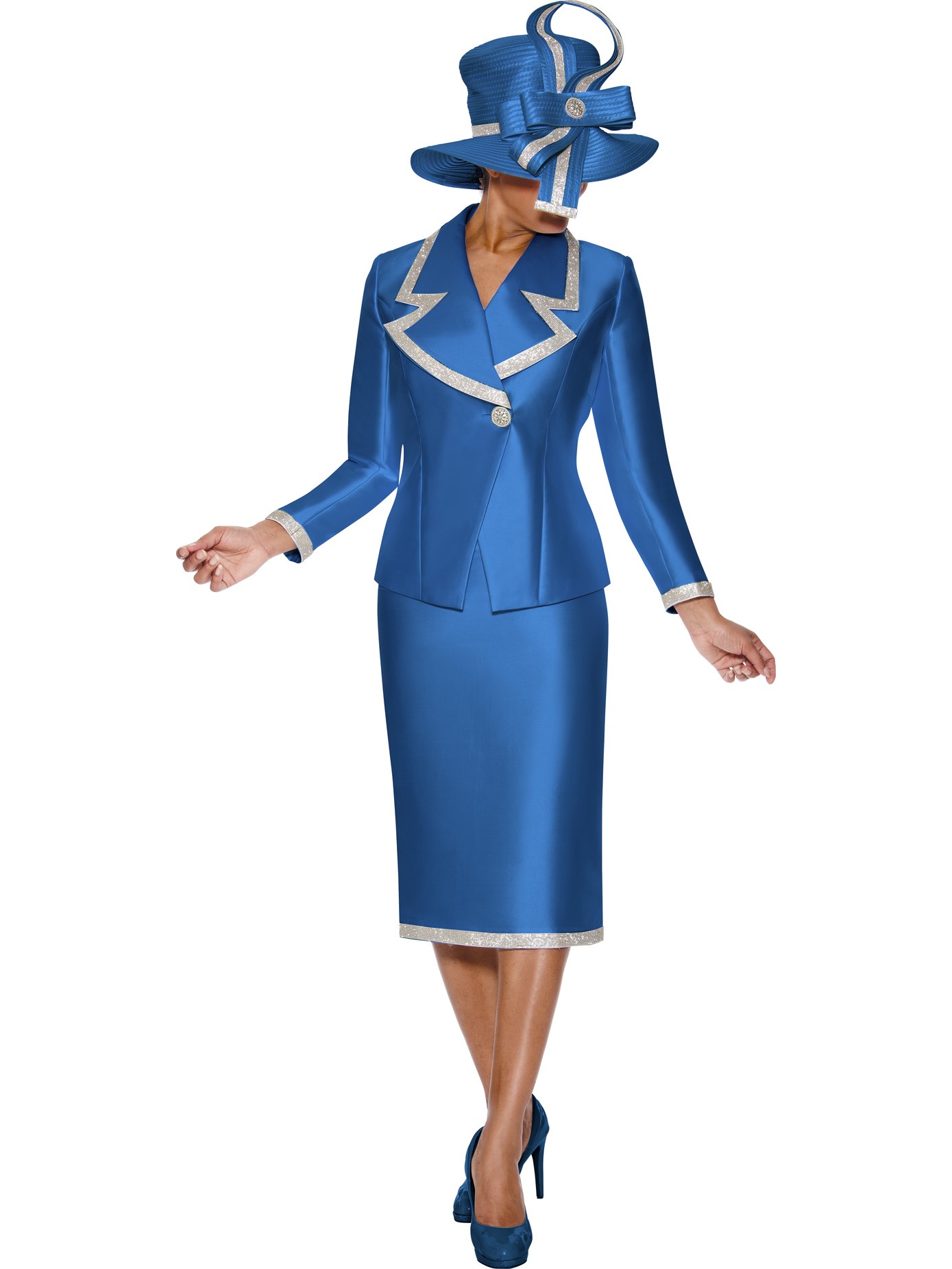 Royal Long Sleeve Skirt Suit with Silver Trim Perfect for Church & Special Occasions thumbnail