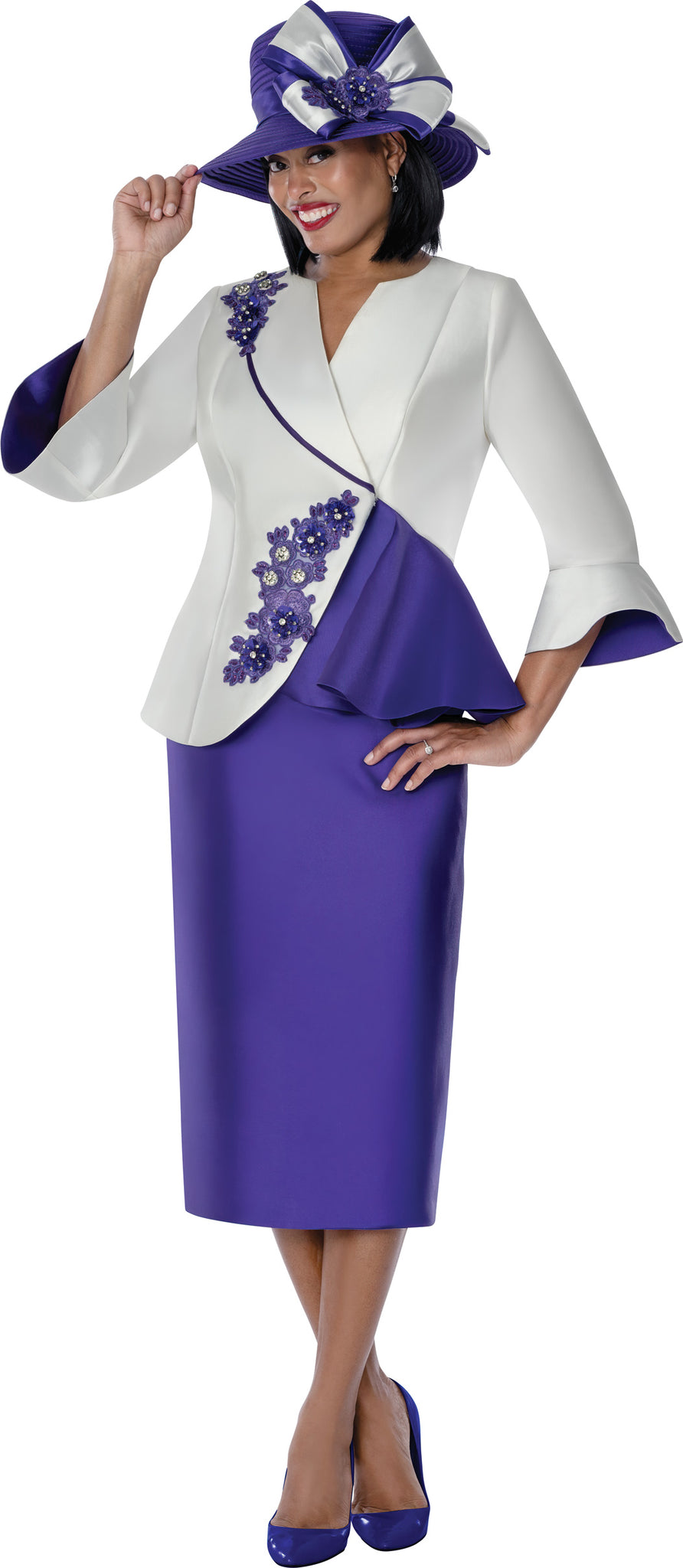White & Purple Floral Embellished Peplum Skirt Suit for Church & Special Occasions thumbnail