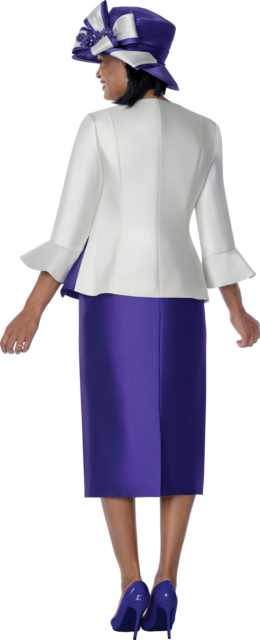White & Purple Floral Embellished Peplum Skirt Suit for Church & Special Occasions thumbnail