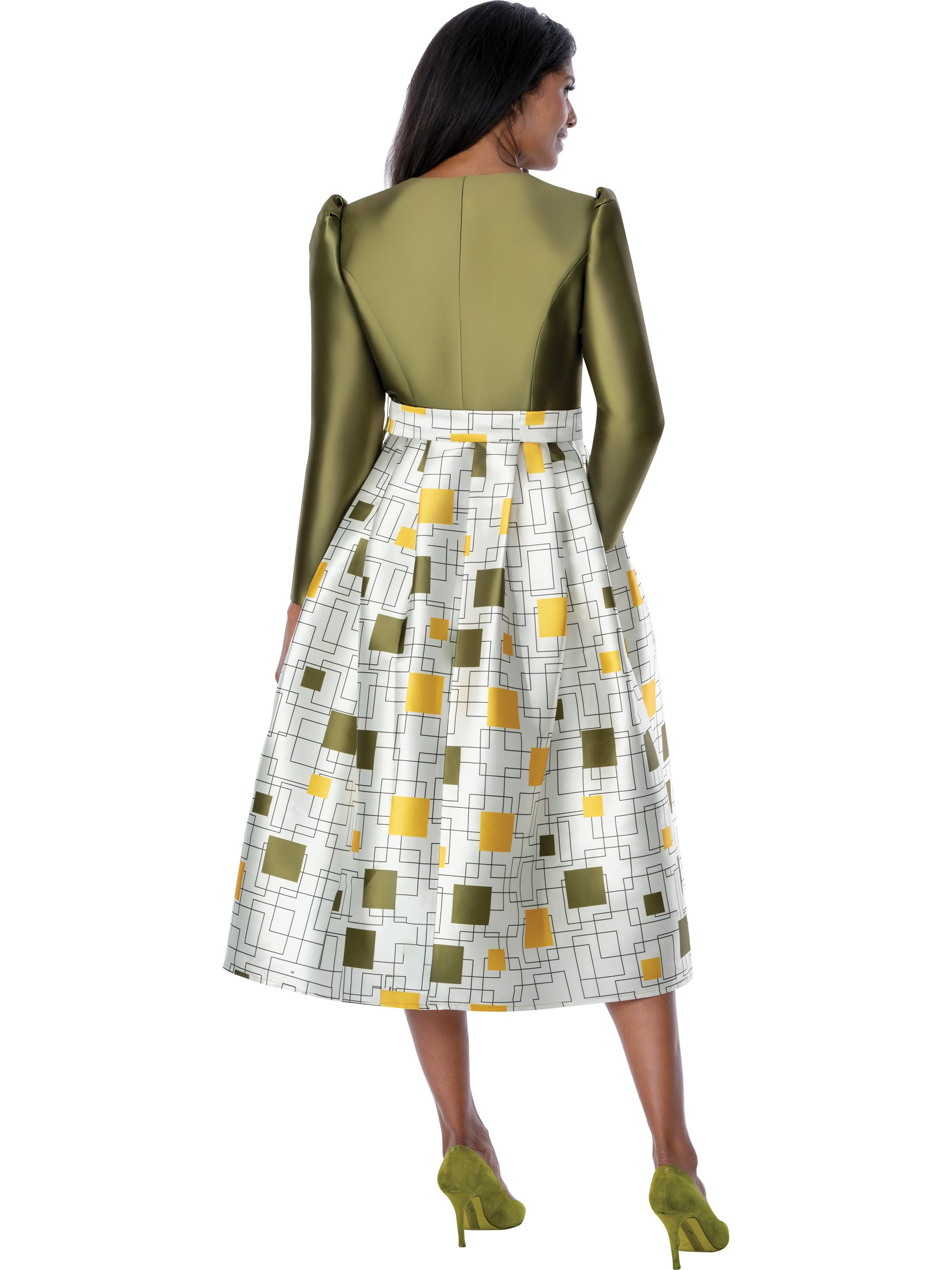 Multi Olive & Gold Satin Wrap Bodice Geometric Print Church Fit & Flare Midi Dress thumbnail