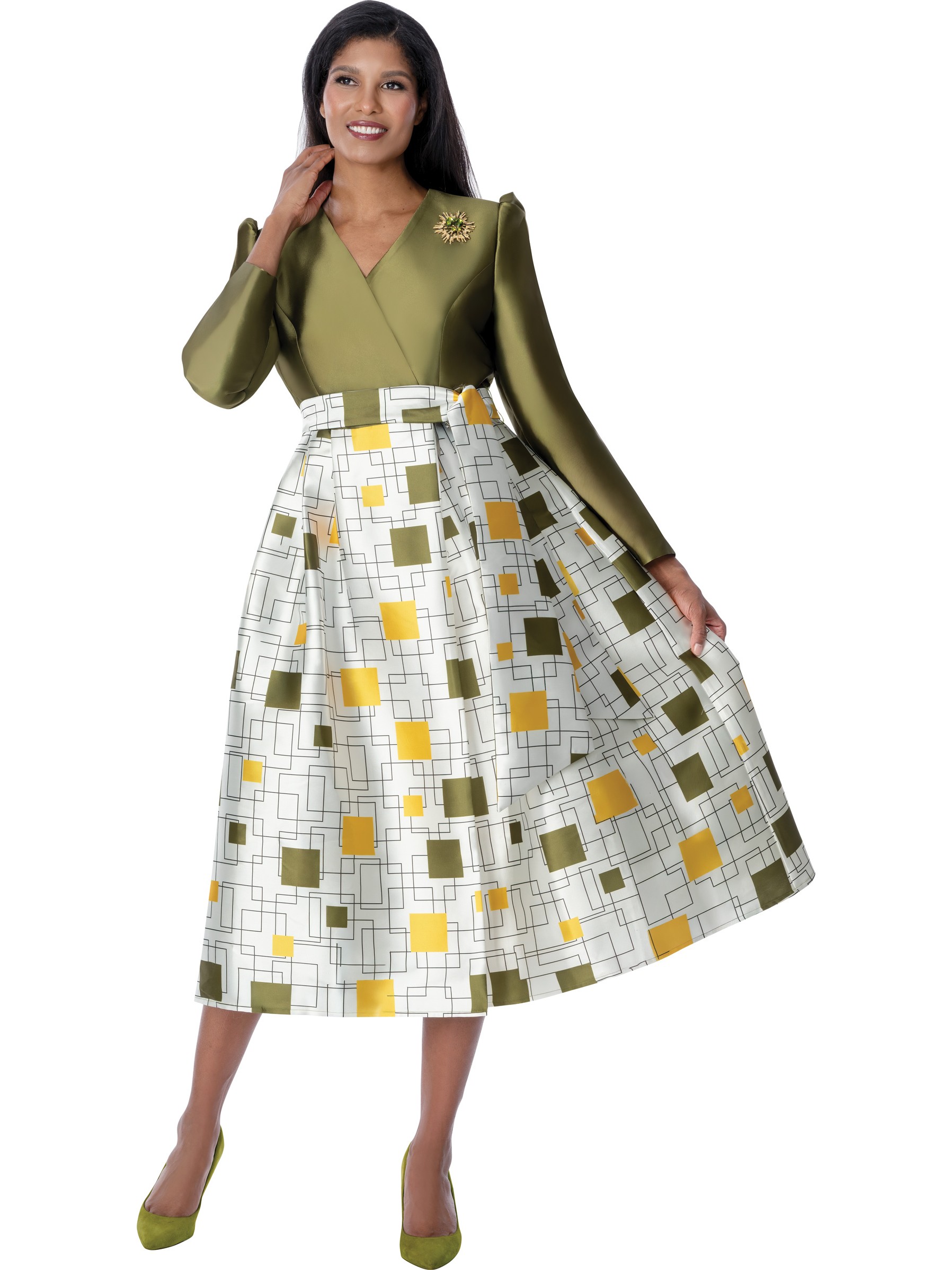 Multi Olive & Gold Satin Wrap Bodice Geometric Print Church Fit & Flare Midi Dress thumbnail