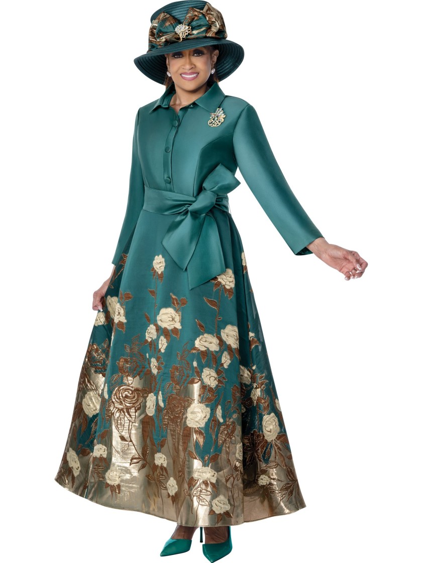 Forest Green/Gold Floral Embroidered Church Dress with Sophisticated Satin Waist Bow thumbnail
