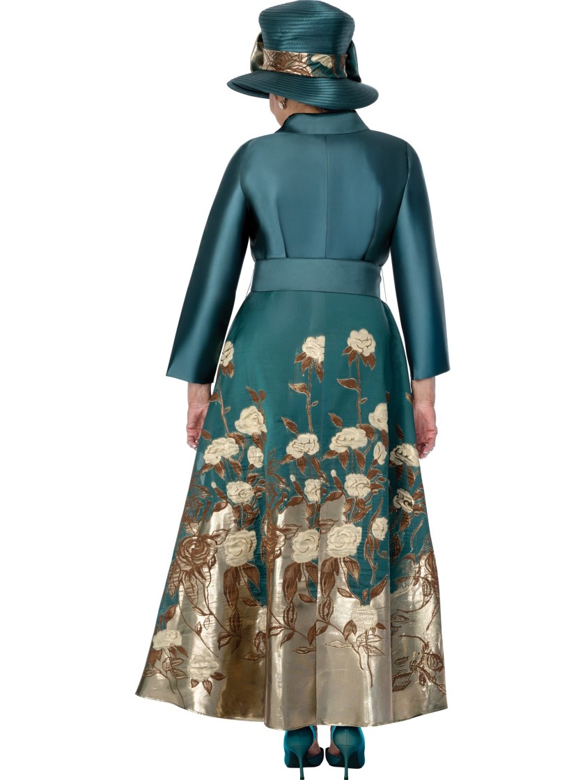 Forest Green/Gold Floral Embroidered Church Dress with Sophisticated Satin Waist Bow thumbnail