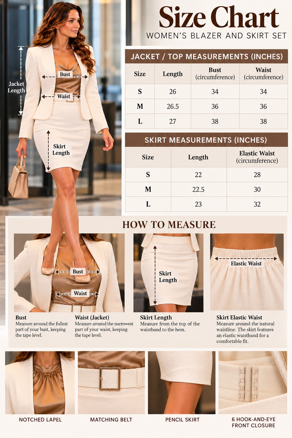 Womens Skirt Suit with Blazer Matching Set Belted Ivory Business Professional thumbnail